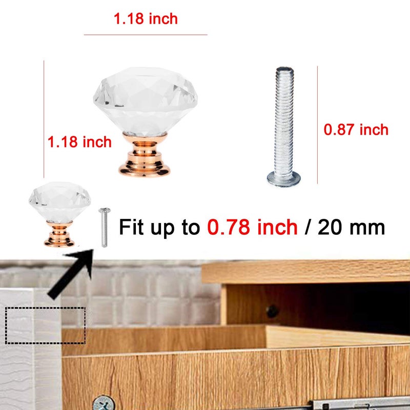 YourGift 12 Pack Drawer Knobs Diamond Shaped Crystal Glass 30mm Cabinet Knobs Pull Handles (Rose Gold) - Image 3